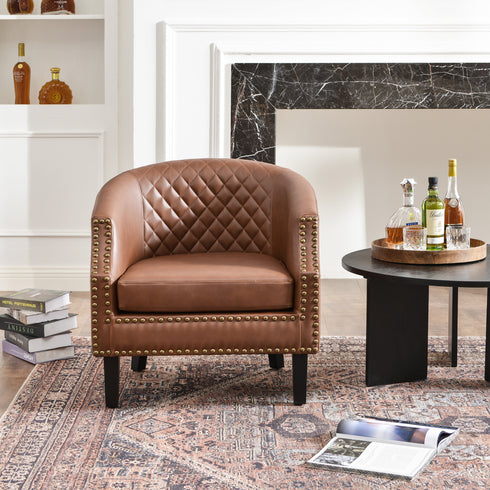 Louis Faux Leather Tufted Club Chair - Brown Accent Chair | Decorative Accent Chairs | Kinwell Furniture | Modern Club Chairs | Barrel Club Chair | Nailhead Trim Chair | Contemporary Faux Leather Chair | Elegant Brown Chair